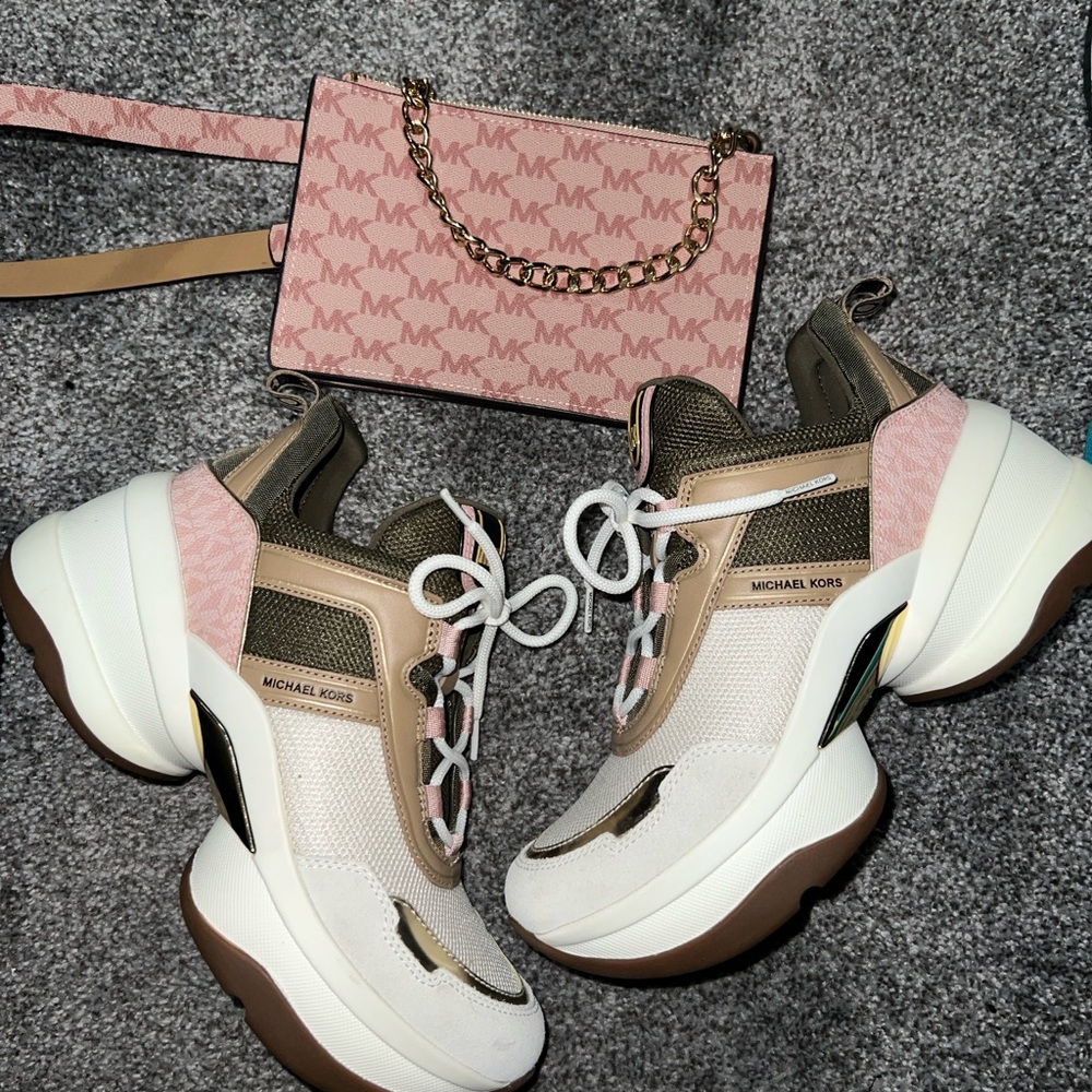 Michael Kors Olympia Women's Pink and White Sneakers with MK waist belt bag